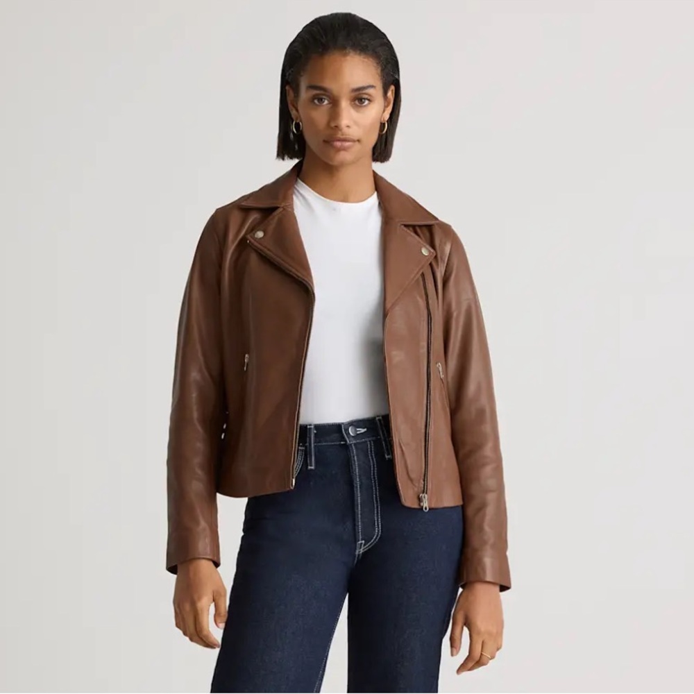 Quince washed leather biker jacket, dark cognac, small, like new - SOLD OUT